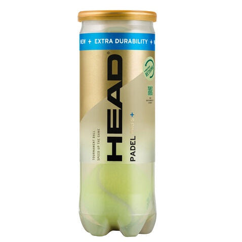 A canister of HEAD Pro S+ padel balls with three balls, featuring a gold and green color scheme with the text 'PADEL' and 'HEAD' prominently displayed.