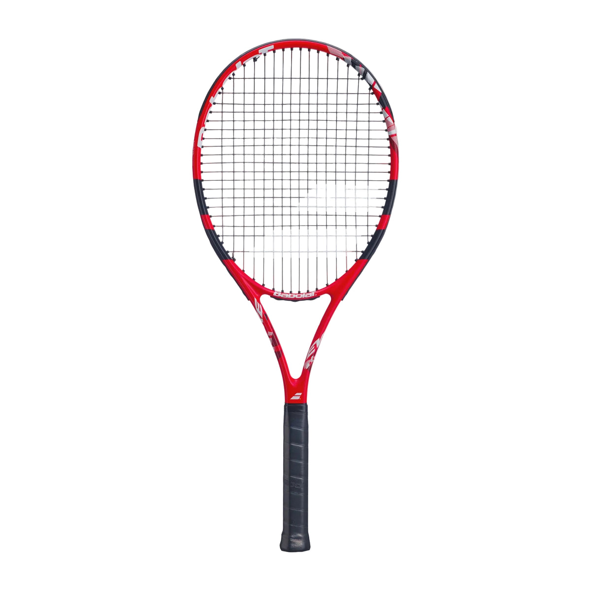 A red and black tennis racket with white strings, shown vertically against a solid light gray background.