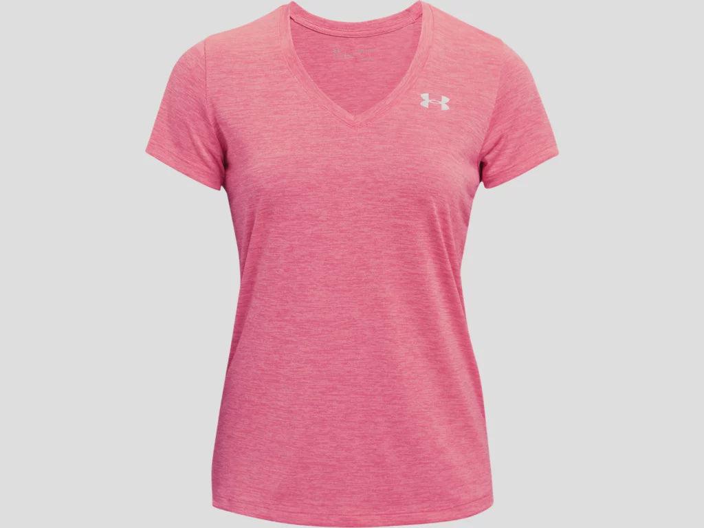 Under Armour Women's Tech Twist V-Neck T Shirt- Cerise-Pink Lemonade-Metallic Silver-Bruntsfield Sports Online