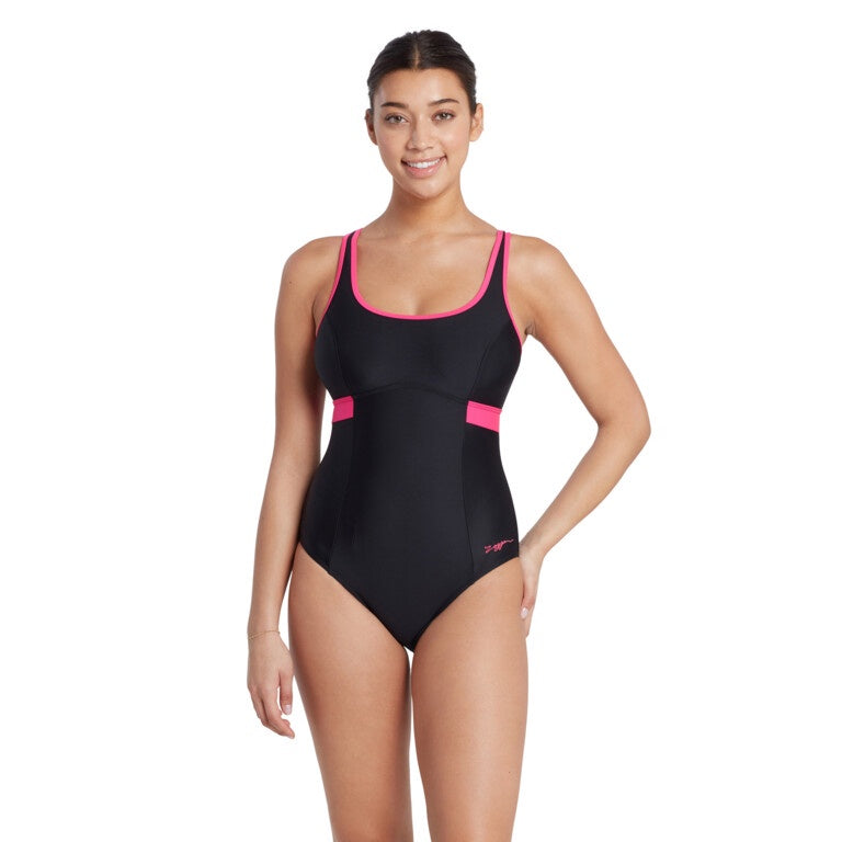 Zoggs Dakota Crossback Ladies Swimming Costume - Black/Magenta
