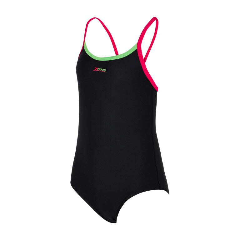 Zoggs Kerrawa Strikeback Girls Swimming Costume - Black/Green/Magenta