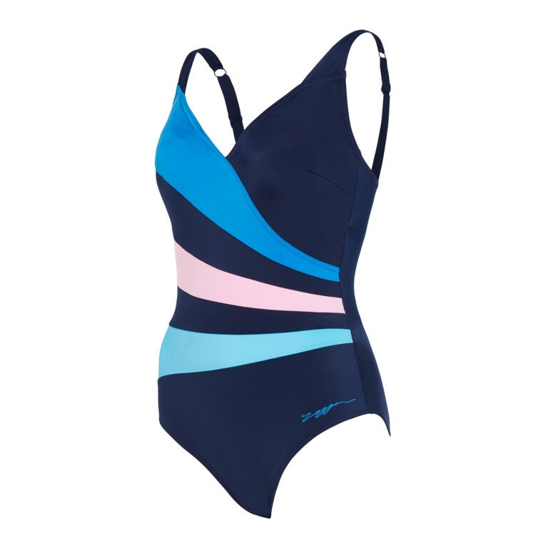 Zoggs Wrap Panel Classicback Ladies Swimming Costume - Navy/Pink
